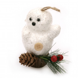 Αρκουδάκι χριστουγεννιάτικο στολίδι 85x55 mm λευκό με κουκουνάρα