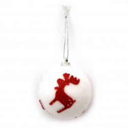 Christmas ball with deers in red 46 mm, white color - 6 pieces
