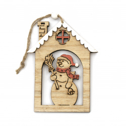 Christmas Wooden Pendant, House, 115x88x8 mm with a Snowman