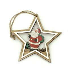 Коледна висулка дървена звезда 110x110x8 мм Дядо Коледа