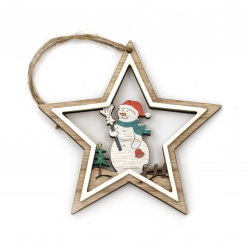 Christmas Wooden Pendant, Star, 110x110x8 mm, Snowman