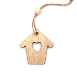 Wooden House  Pendant with Heart 49x50x2 mm, hole 3 mm, color brown - 10 pieces