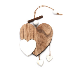 Дървена декорация Сърца 10x10x15 см цвят натурално и бяло - 1 брой