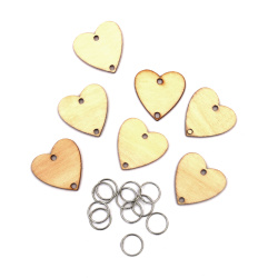 Set of Wooden Connecting Element, Heart 30 mm -50 pieces and metal rings 10 mm -50 pieces for decoration