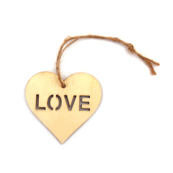 Wooden pendant for decoration, Heart with inscription "LOVE" 50x55x2 mm with rope