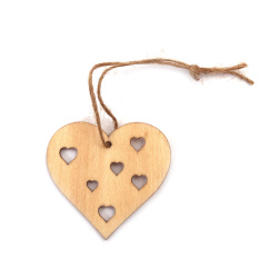 Wooden pendant for decoration, Heart with hearts 50x55x2 mm with rope