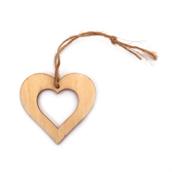 Wooden Pendant for Decoration, Heart with Heart, 50x55x2 mm, with rope