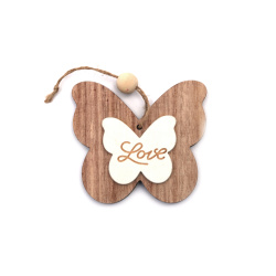 Wooden Butterfly Figure, 100x88x7 mm, with LOVE Sign, Natural and White Color - 1 piece
