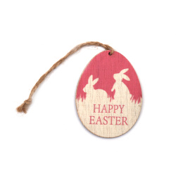 Великденска декорация дървено яйце 52x70x3 мм цвят натурален и розов с надпис Happy easter- 6 броя