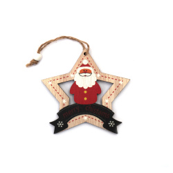 Wooden Christmas Tree Decoration - Star with Santa Claus and Merry Christmas Inscription / 103x100x5 mm - 1 piece