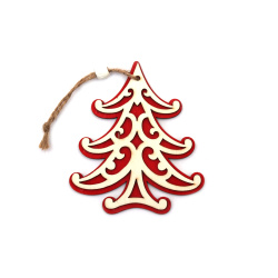 Wooden Christmas Tree for Decoration / 93x107x5 mm / Red and White - 1 piece