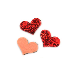 Felt heart with brocade, 37x27x2.5 mm, in red color - 10 pieces