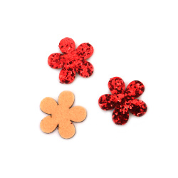 Felt flower with brocade, 32x2.5 mm, in red color - 10 pieces