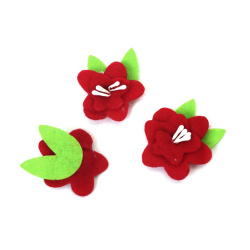 Floare din fetru cu stamine albe 32x40x10 mm culoare roșu - 10 bucăți