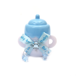 Plastic baby bottle with blue decoration, measuring 50x85 mm