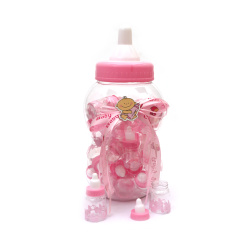 Baby bottle, moneybox, plastic, 360x180 mm, set with 30 small bottles, 85x40 mm, pink color. 