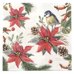 Decoupage Napkin AMBIENTE with 3 Layers / Bird on Poinsettia /  33x33 cm - 1 piece