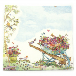 3-Ply Decoupage Napkin TI-FLAIR / Wheelbarrow filled with Flowers /  33x33 cm - 1 piece