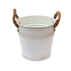 Embossed Metal Planter Bucket with Hemp Handles 120x125 mm color white