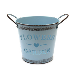 Decorative Metal Bucket 120x130 mm with Flowers and Garden Word Design, color blue