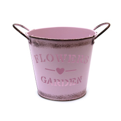 Decorative Metal Bucket 120x130 mm with Flowers and Garden Word Design, color pink