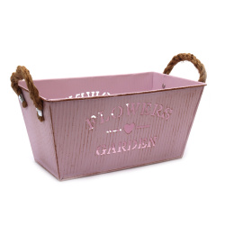 Metal Decorative Planter Flower Pot with Hemp Rope Handles and Flowers and Garden Word Design 122x210x100 mm, color pink