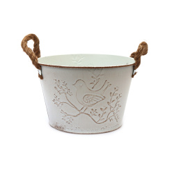 Metal Decorative Embossed Plant Pot with Hemp Handles, 158x104 mm, color white