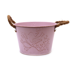 Metal Decorative Embossed Plant Pot with Hemp Handles, 158x104 mm, color pink