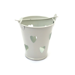 Găleată metalică pentru decor cu inimioare 50~55x38~42x50~52 mm, culoare albă
