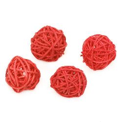 Ратанови топки дърво цвят червен 30 мм - 4 броя