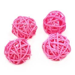 Ратанови топки дърво цвят розов 30 мм - 4 броя