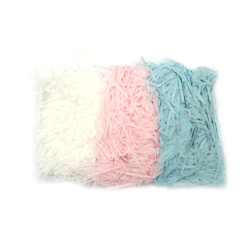 Paper Grass Strips in Three Colors - White, Light Pink and Blue; Shredded paper grass for Decoration, DIY Crafts, Gift Fillers - 30 grams