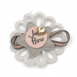Textile element for decoration flower with inscription and crystal 40 mm color mix blue, gray, pink -5 pieces