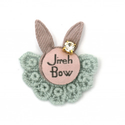 Textile element for decoration bunny with inscription and crystal 35x34 mm color mix pink, gray -5 pieces