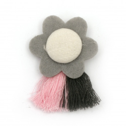 Flower textile brooch with tassels 50x35 mm color gray, pink, white -2 pieces