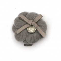 Metal clip, textile flower with ribbon and metal element 35x35 mm color gray -2 pieces