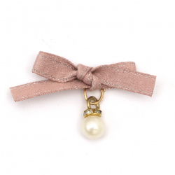 Текстилен елемент за декорация панделка с перла и кристали 30x25 мм цвят розов -5 броя