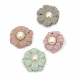 Flower made of suede paper with pearl 30 mm color mix - 5 pieces