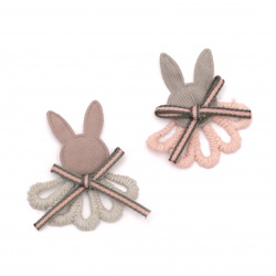 Textile element for decoration bunny with lace and ribbon 43x38 mm color mix blue, gray, pink -5 pieces