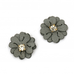 Textile Decorative Element, Velour Flower with Crystal, 20 mm, Gray Color - Pack of 10