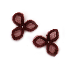 Lace Flower with three petals for decoration, sewing accessory, Color: Burgundy, 28 mm - 5 pieces