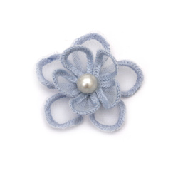 Διακοσμητικό λουλούδι με πέρλα, δαντέλα 45 mm χρώμα μπλε - 2 τεμάχια