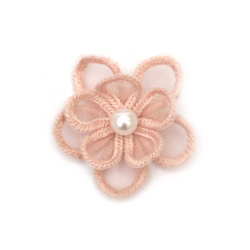 Елемент дантела за декорация цвете с перла 45 мм цвят розов -2 броя