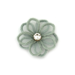 Елемент дантела за декорация цвете с кристал 45 мм цвят синьо-зелен -2 броя