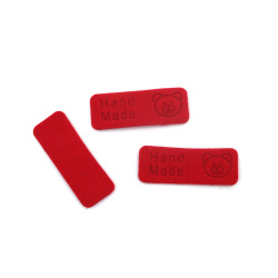 Μαλακή σουέτ ετικέτα 40x1,5 mm με επιγραφή Handmade και αρκουδάκι χρώμα κόκκινο - 10 τεμάχια