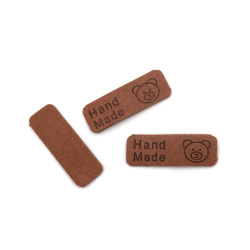 Soft Suede Label 40x1.5 mm with Inscription "Handmade" and Bear, Light Brown - 10 pieces