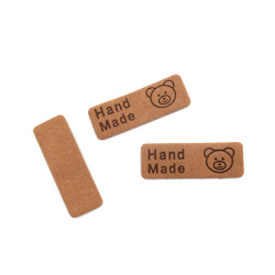 Soft Suede Label 40x1.5 mm with Inscription "Handmade" and Bear,  Beige - 10 pieces