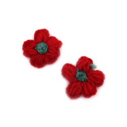 Knitted flower for decoration, in red and green colors, 40~50x10~15 mm