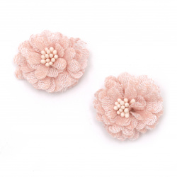 Lace Fabric Flower with Stamens, 30x15 mm, Pink Color - 2 Pieces