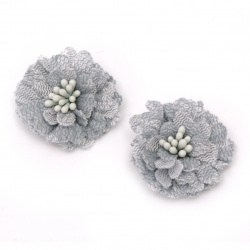 Lace Fabric Flower with Stamens, 30x15 mm, Grayish Blue Color - 2 Pieces